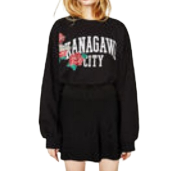 ZARA 2017 Kanagawa City JAPAN Black Oversized Sweatshirt S Small Top Hi Low - Picture 5 of 12